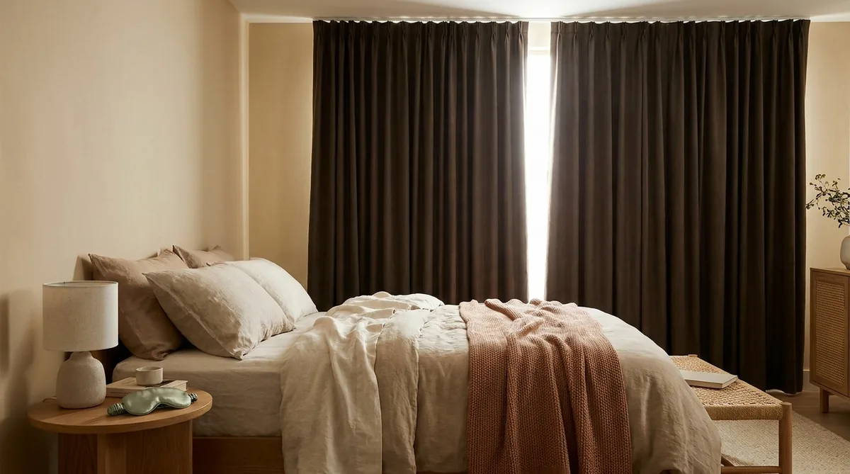A bedroom with blackout curtains drawn against daylight