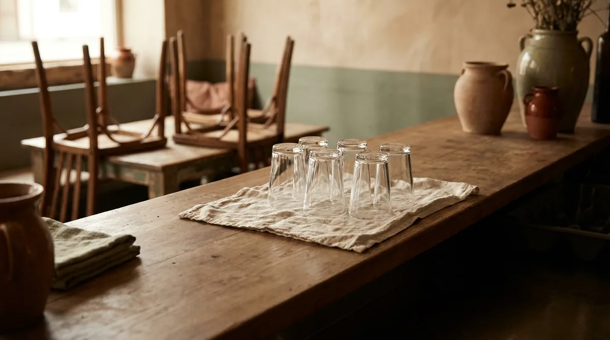Clean glasses drying on a bar counter after closing