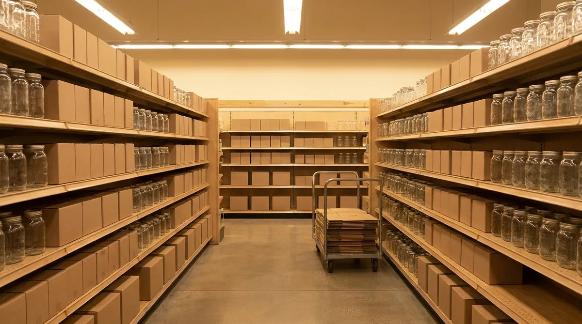 An empty store aisle after closing with a stock cart