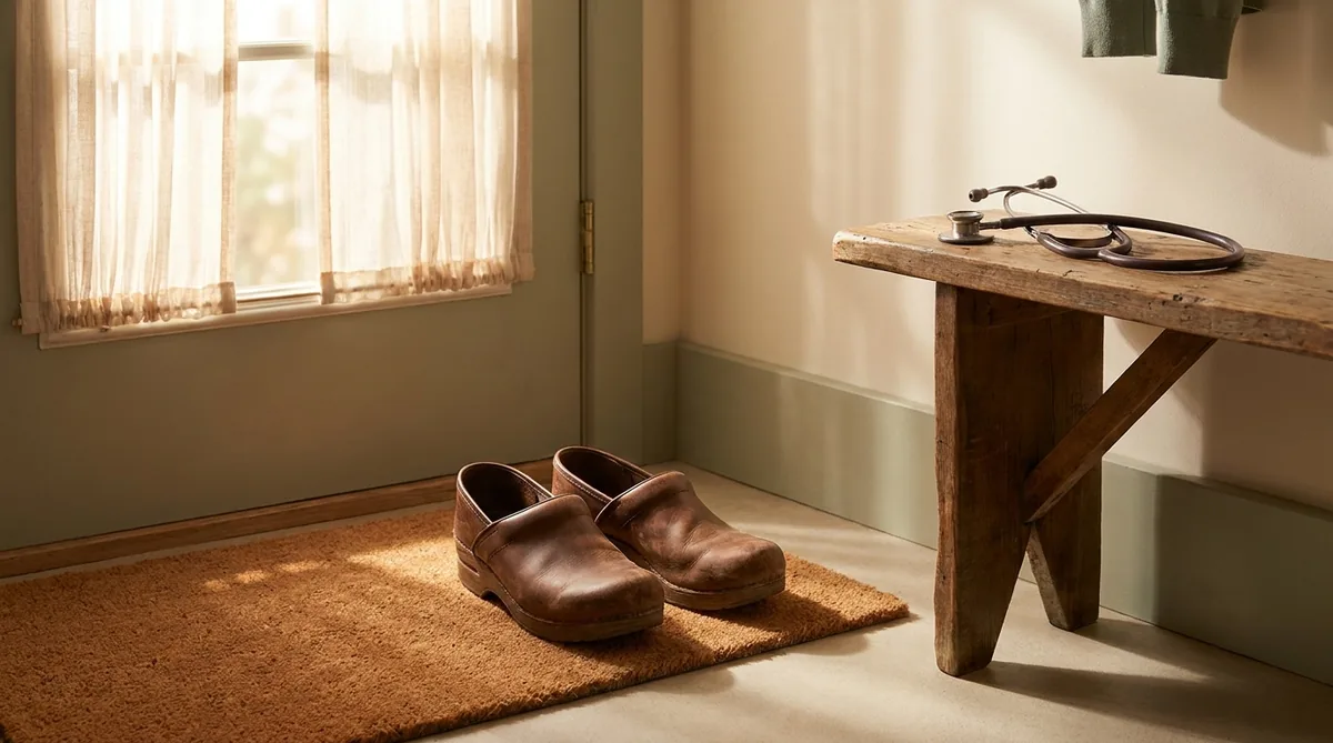 Work clogs by a front door with a stethoscope on a bench