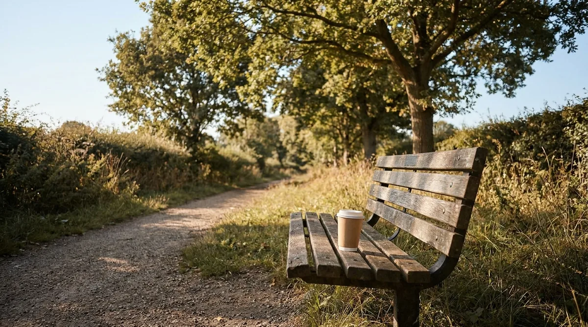 A park bench with a coffee cup on a quiet weekday morning