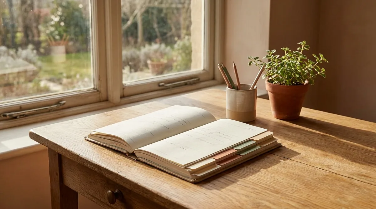 An orderly desk with an open planner and colored tabs in morning light
