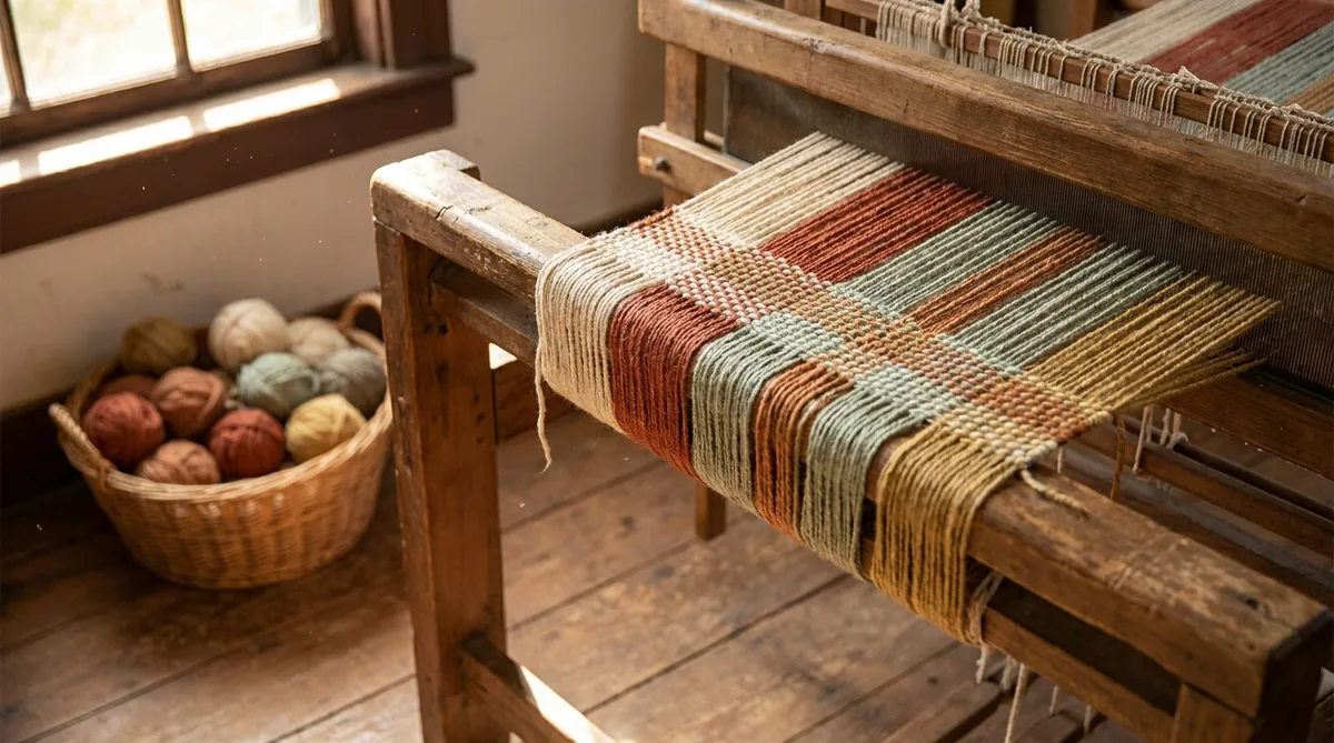 Threads of several colors woven together on a wooden loom