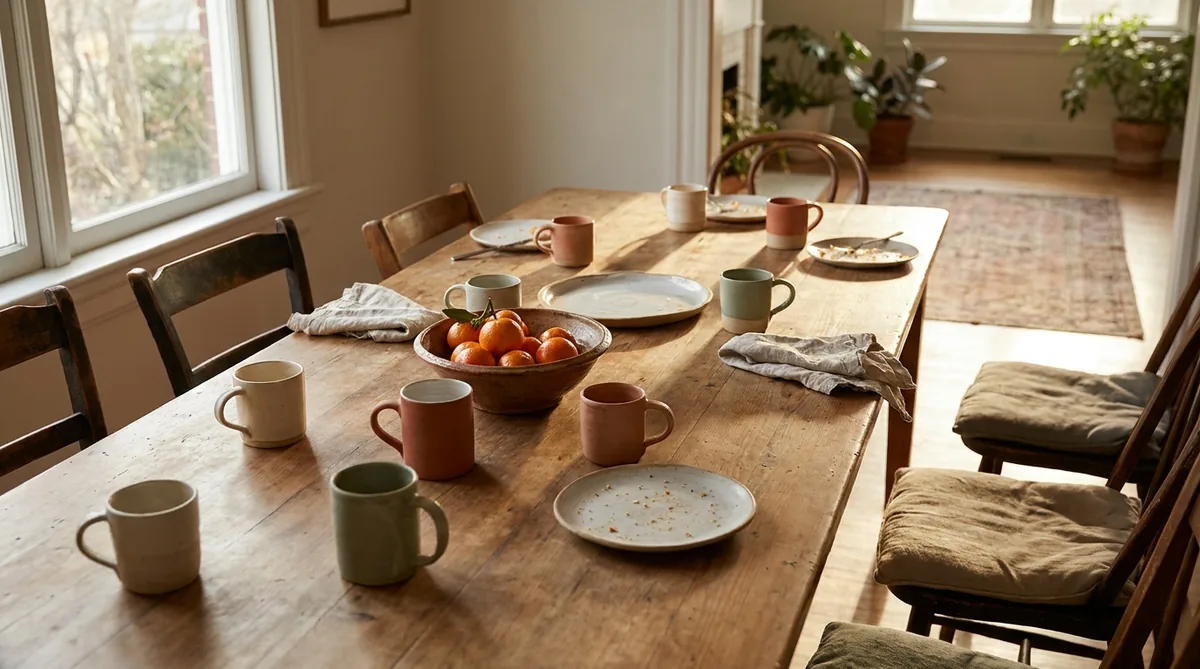 A kitchen table after a family meal, with mismatched mugs and chairs pushed back