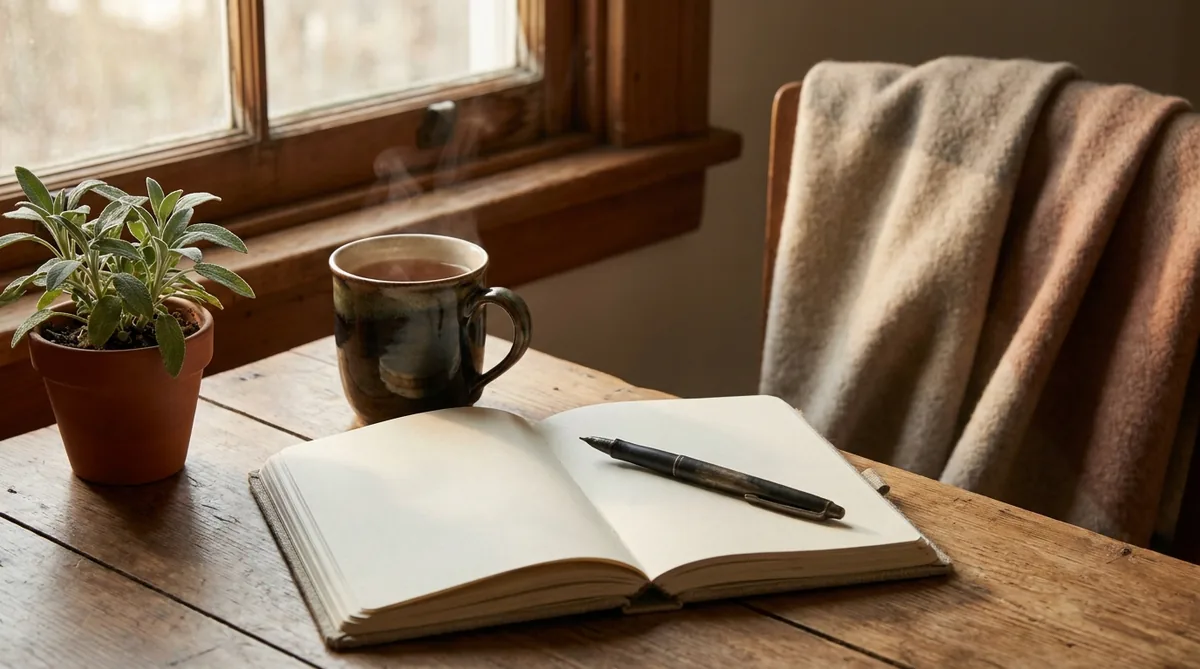 An open notebook, a pen and a cup of tea on a wooden table by a window