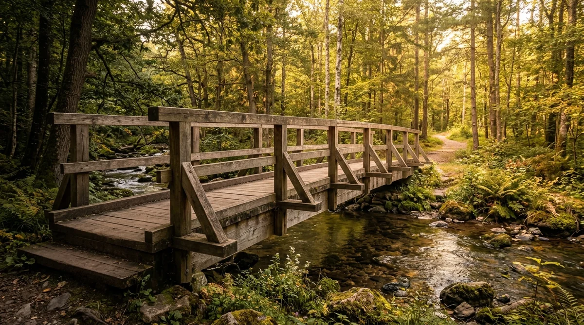 Wooden bridge crossing a gentle forest stream — step-down care after IOP in New Jersey