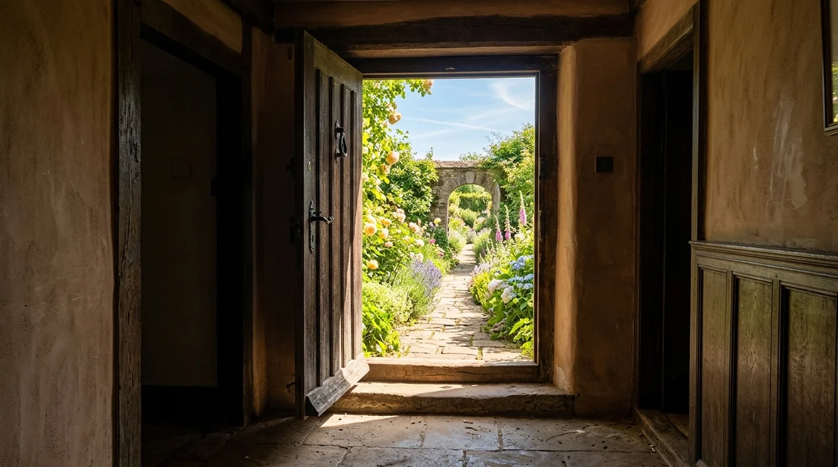 Open doorway leading to a sunlit garden path — life transitions therapy in New Jersey