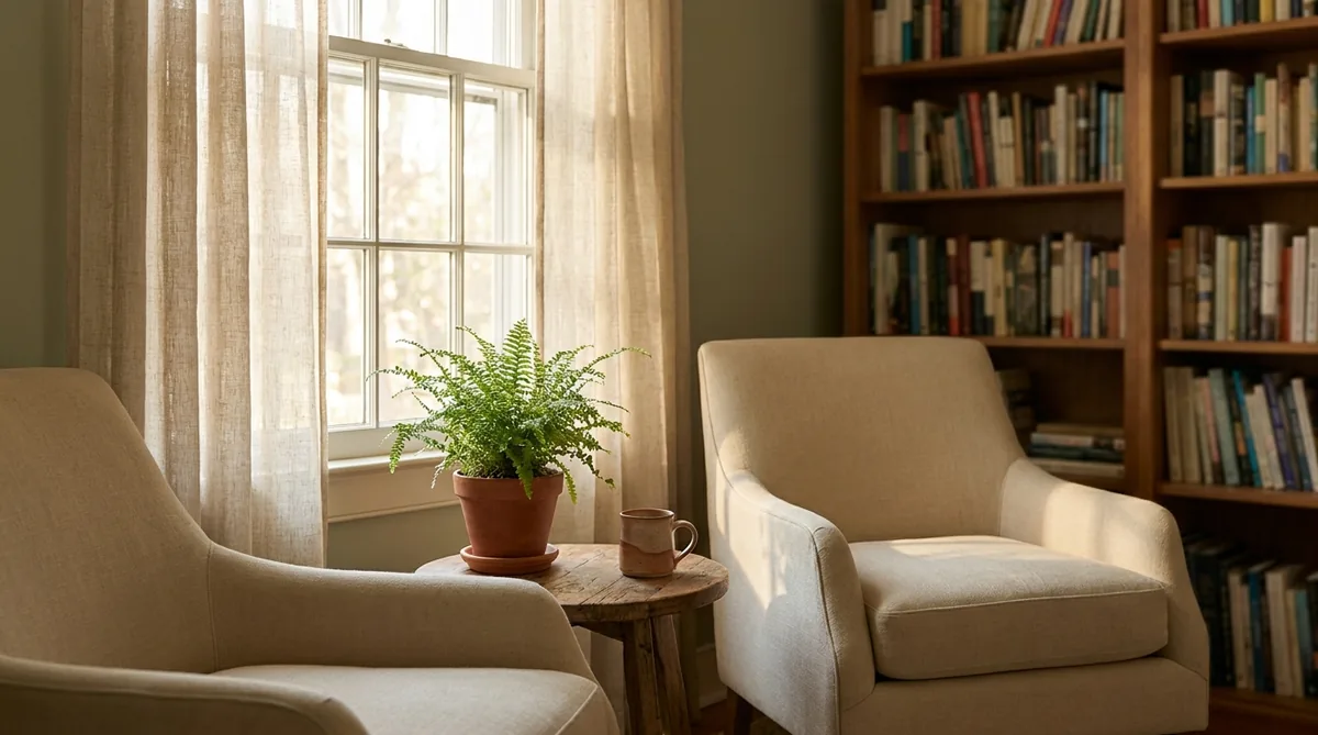 Two armchairs beside a sunlit window with a bookshelf behind them