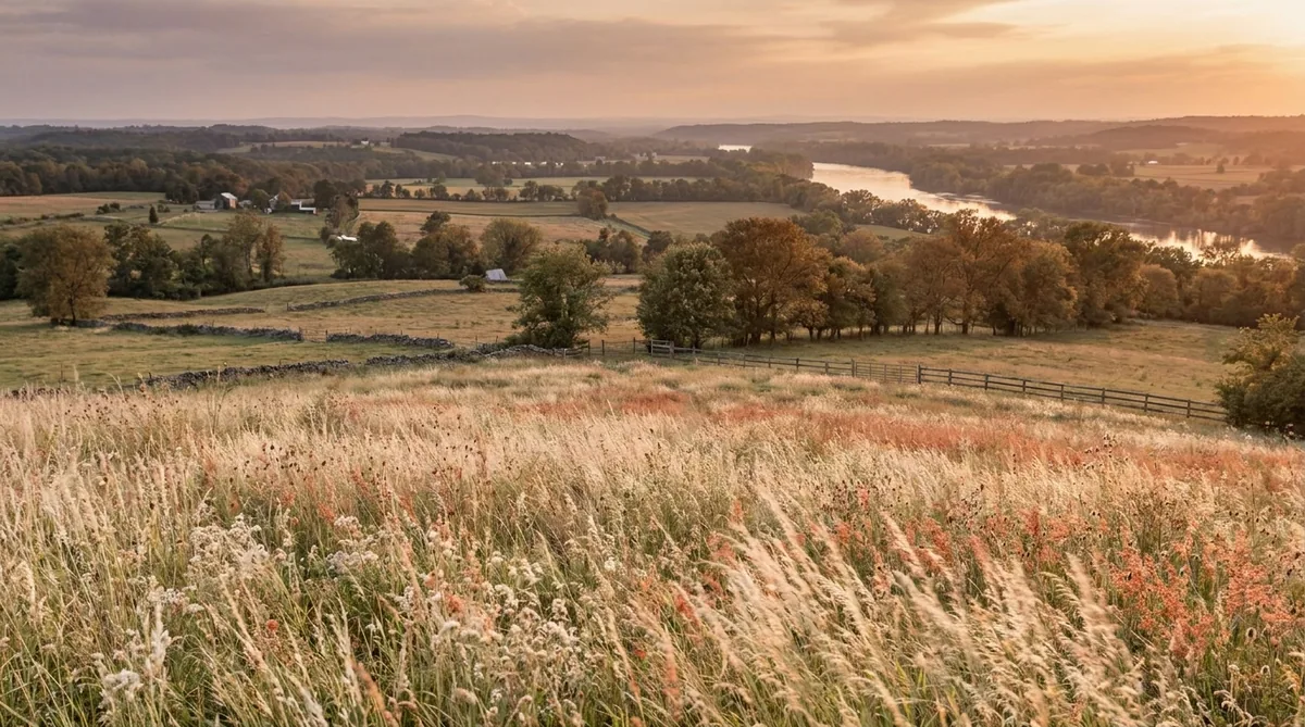 Rolling farmland and a distant river at golden hour