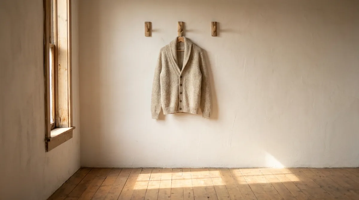 A wool cardigan hanging on a wooden wall peg in warm afternoon light