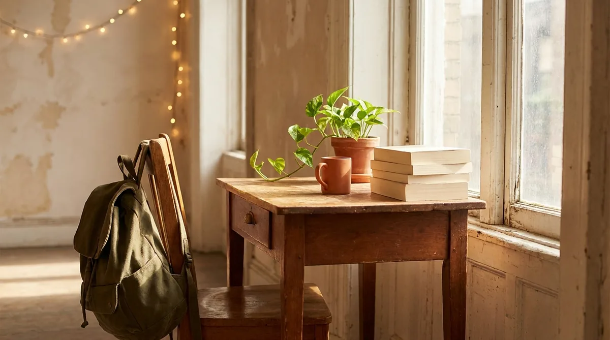 A small apartment desk with books, a backpack and a plant by a window