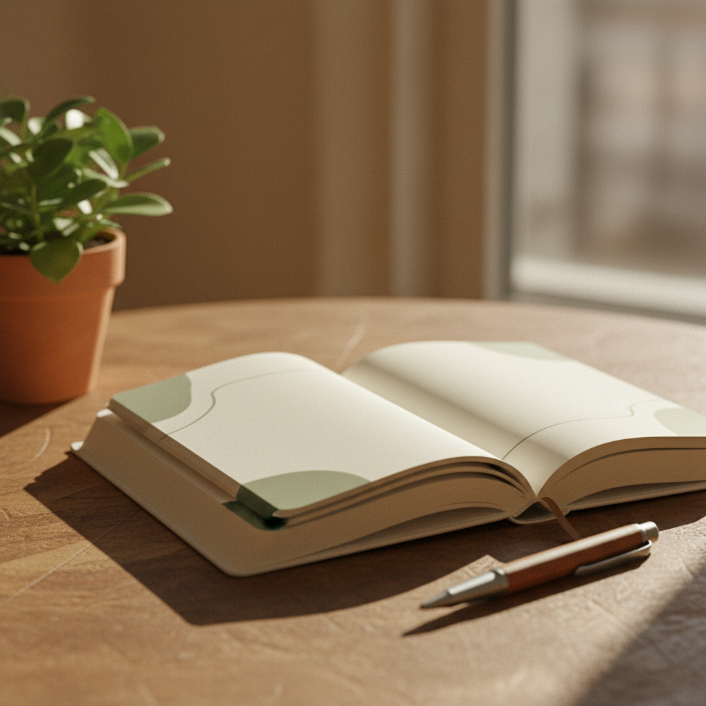 Open journal and pen on a warm wooden table — reflecting on the therapeutic journey