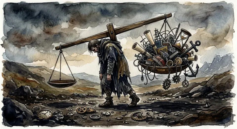 Watercolor illustration from Parts Mapper: a burdened figure carrying a yoked scale, one pan empty and one heaped with instruments.