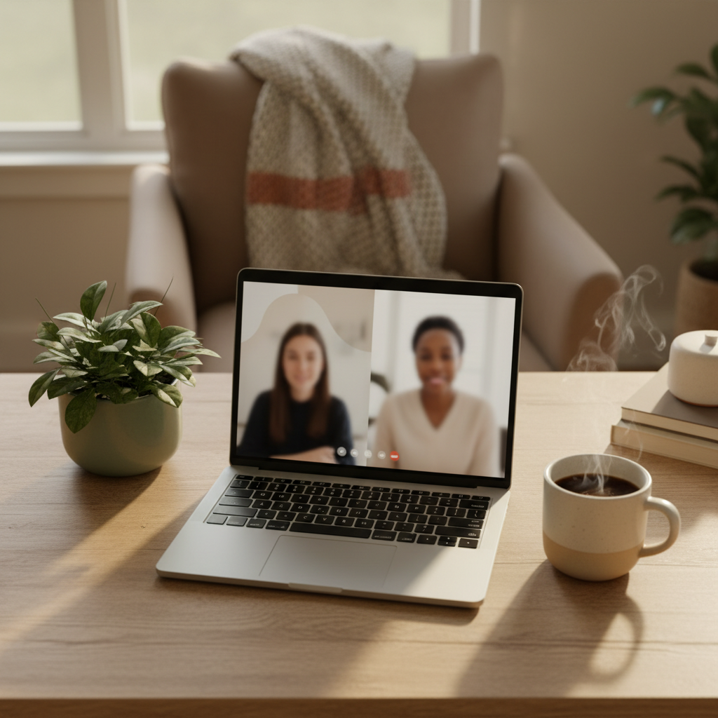 Cozy home setup for virtual therapy session — laptop, warm lighting, plants